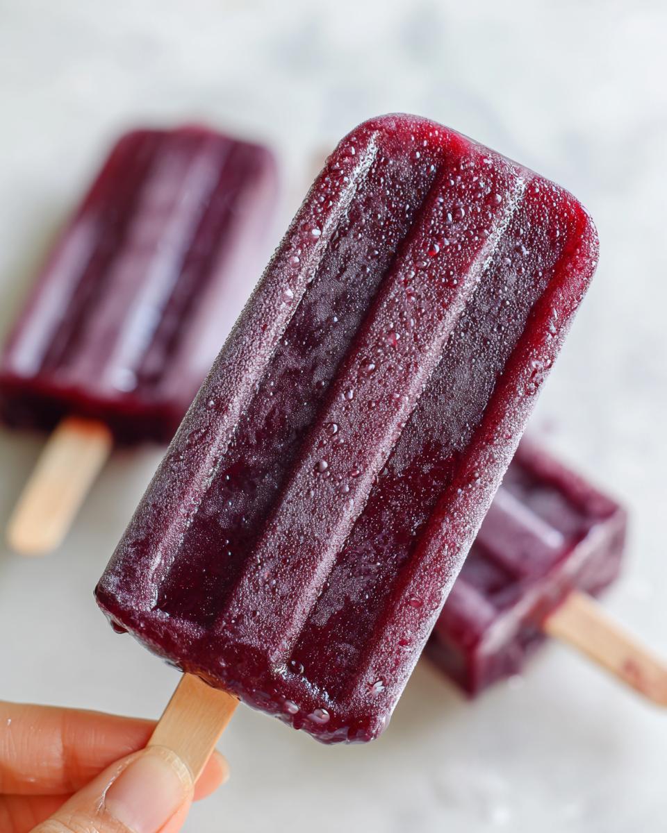 A hand holding a frosty, purple grape popsicle covered in condensation droplets.