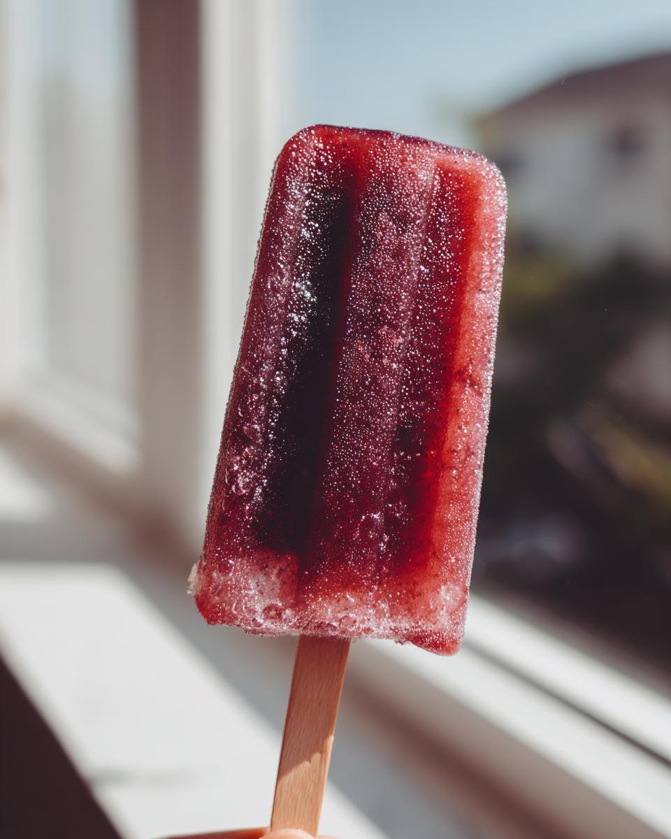 A close-up, vertical shot of a dark red/purple grape popsicle glistening with ice crystals, held up against a bright window.