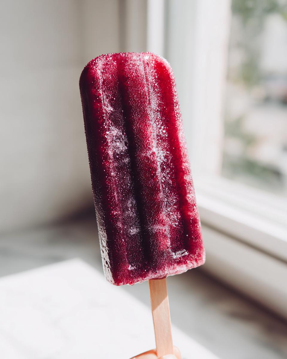 A close-up shot of a deeply colored, frosty grape popsicle held vertically against a bright window background.
