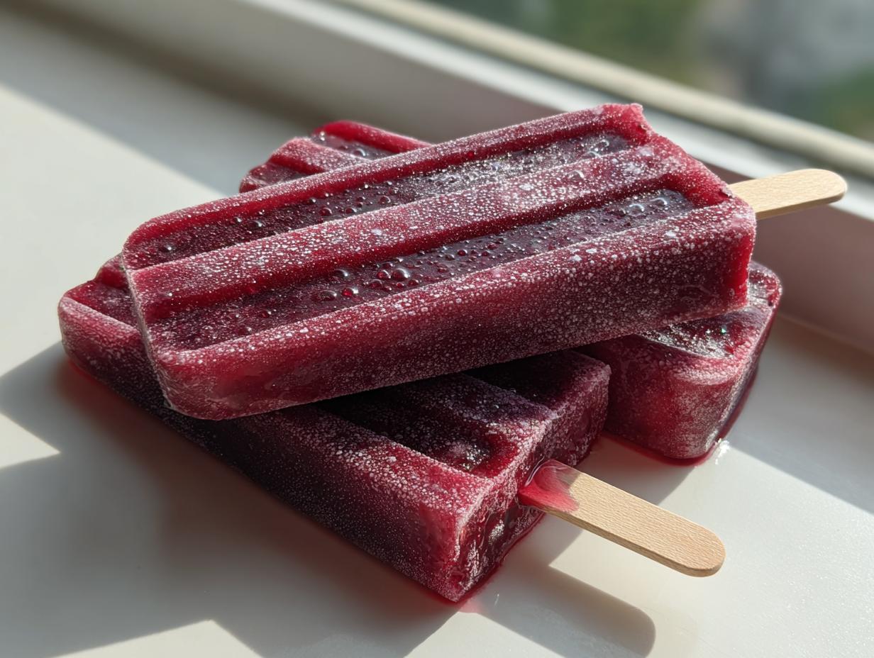A stack of three deeply purple, frosted grape popsicle treats resting on a white surface near a window.