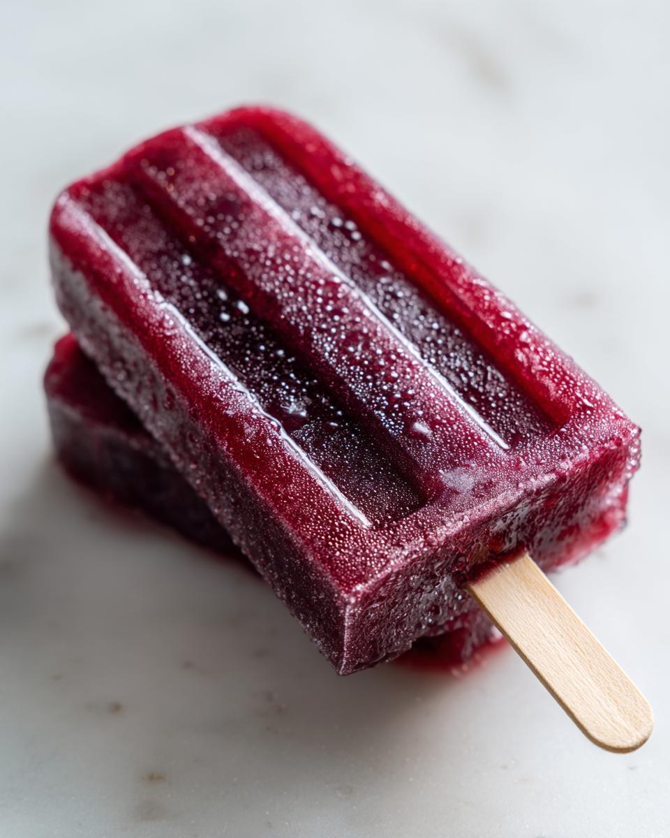 Close-up of two deep purple, icy grape popsicle treats stacked on a white marble surface.