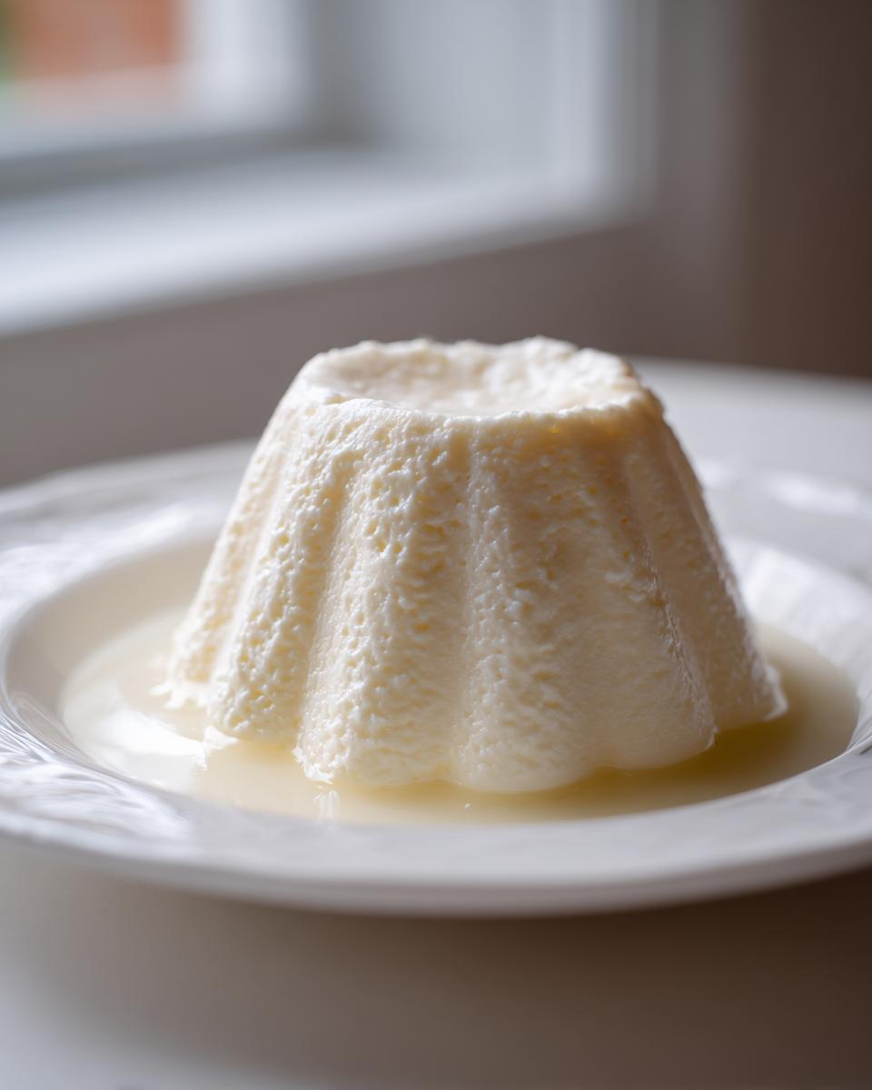 A molded, creamy white Greek yogurt panna cotta sitting in a pool of light sauce on a white plate.