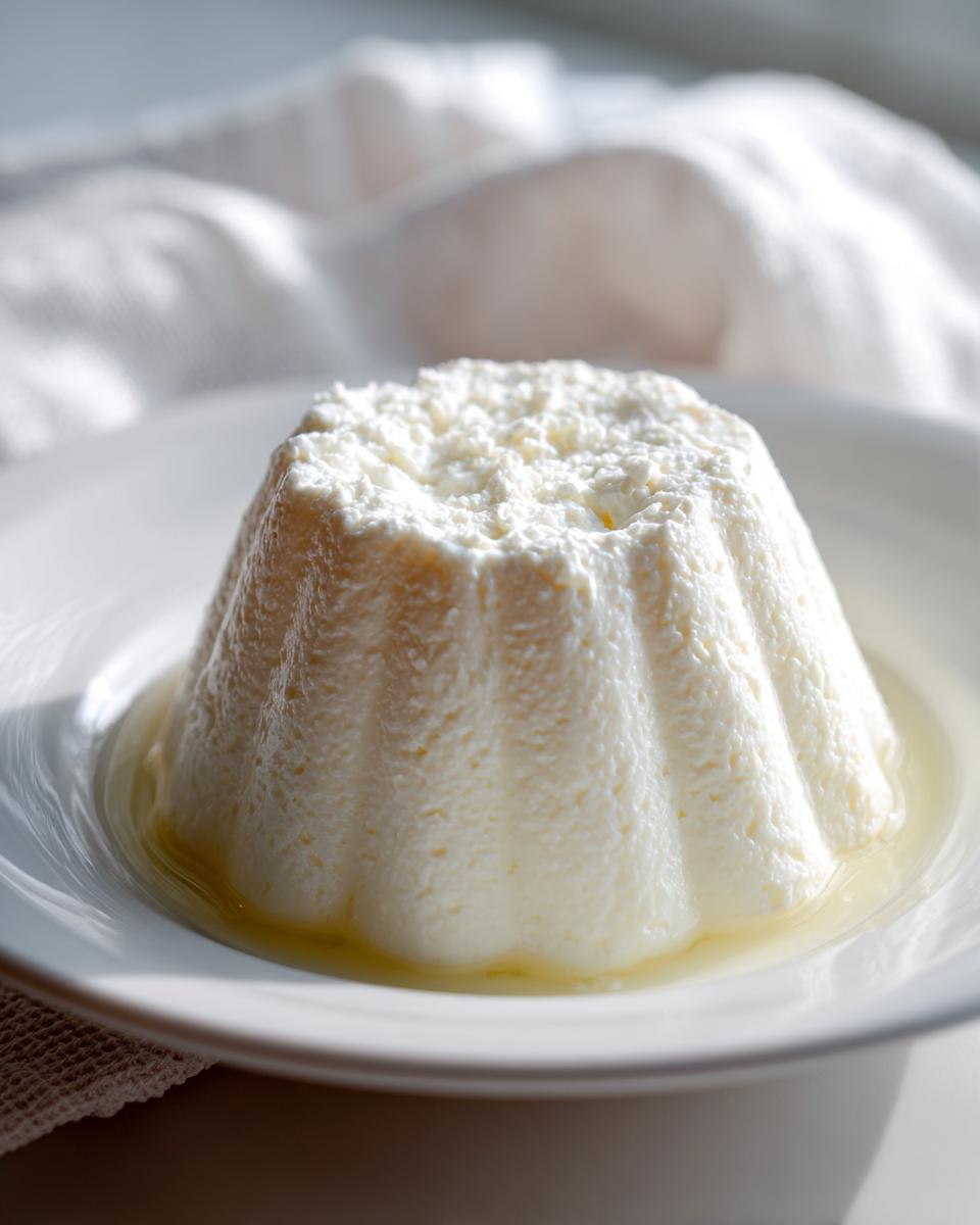 A molded, creamy white Greek yogurt panna cotta sitting in a shallow pool of liquid on a white plate.