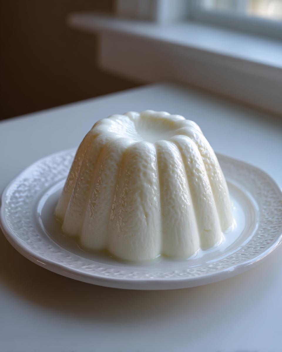 A single serving of smooth, white Greek yogurt panna cotta unmolded onto a decorative white plate.