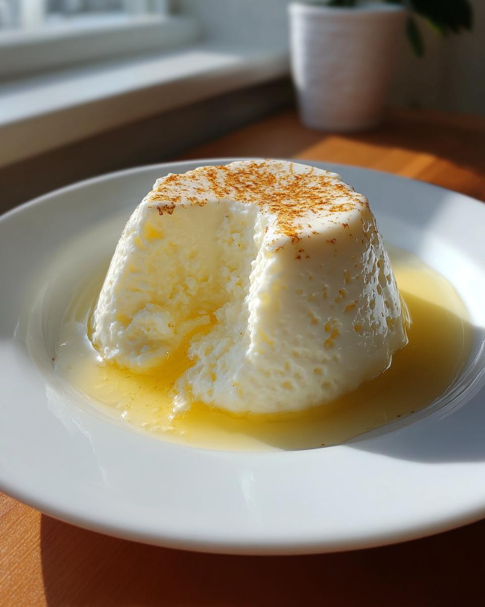 A molded serving of creamy Greek yogurt panna cotta, dusted with spice, sitting in a pool of light syrup on a white plate.