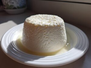 A molded, white Greek yogurt panna cotta dessert sitting in a small pool of liquid on a white plate.