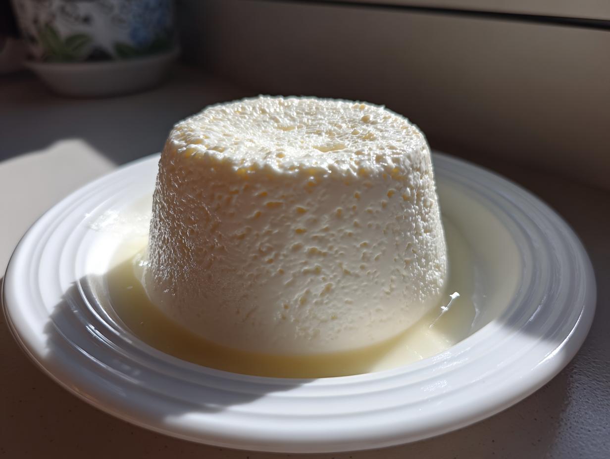 A molded, white Greek yogurt panna cotta dessert sitting in a small pool of liquid on a white plate.