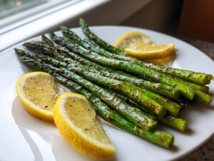 A serving of bright green grilled asparagus with lemon wedges, seasoned with pepper, ready to eat.