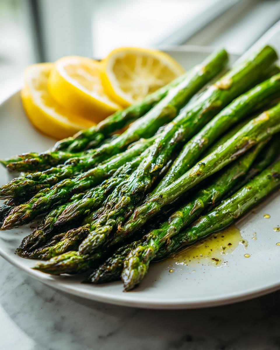 A close-up of perfectly cooked Grilled asparagus with lemon served on a white plate, drizzled with oil.