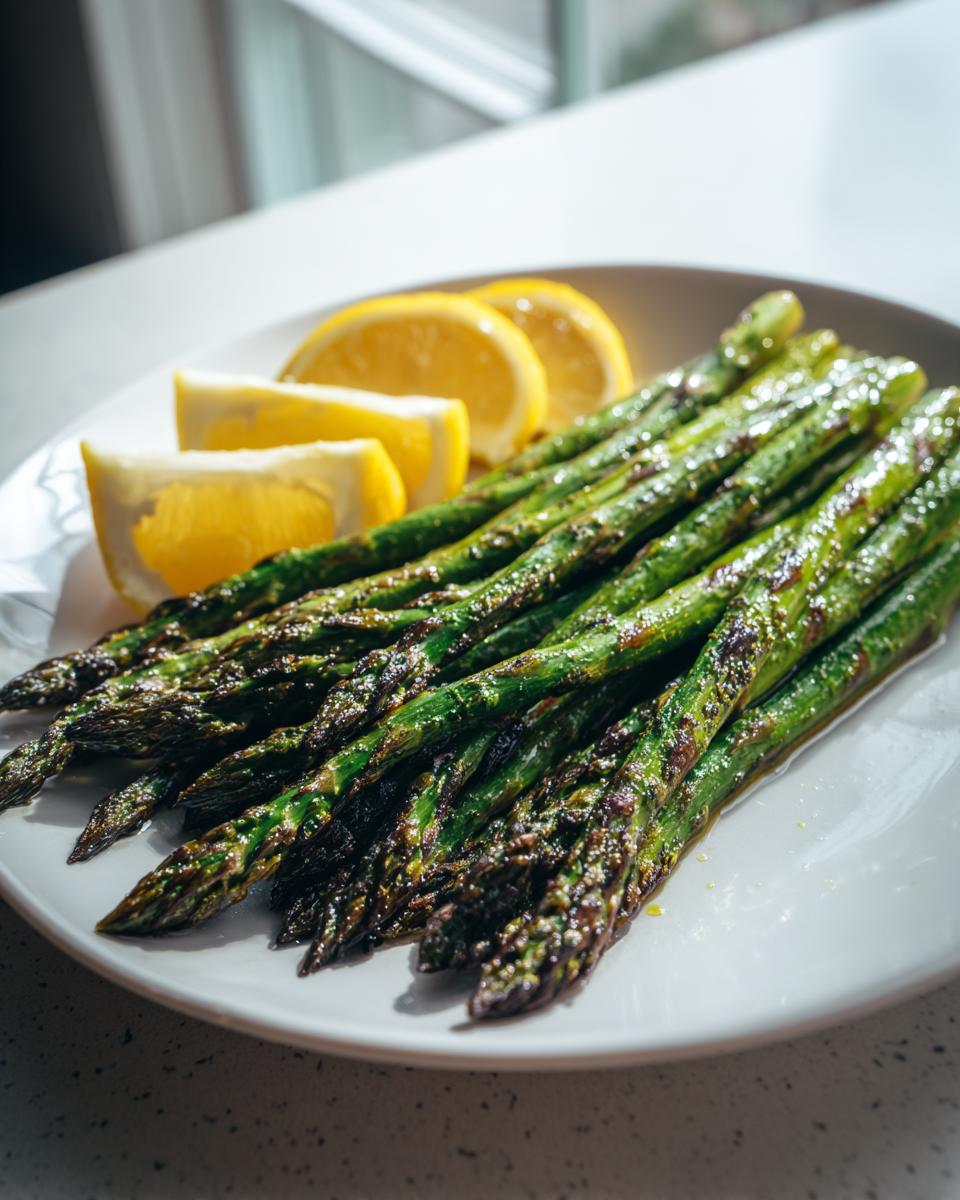 A serving of perfectly grilled asparagus with lemon wedges on a white plate.