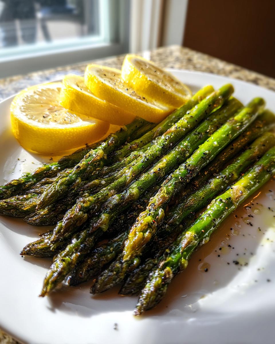 A plate of perfectly cooked grilled asparagus with lemon slices and black pepper seasoning.