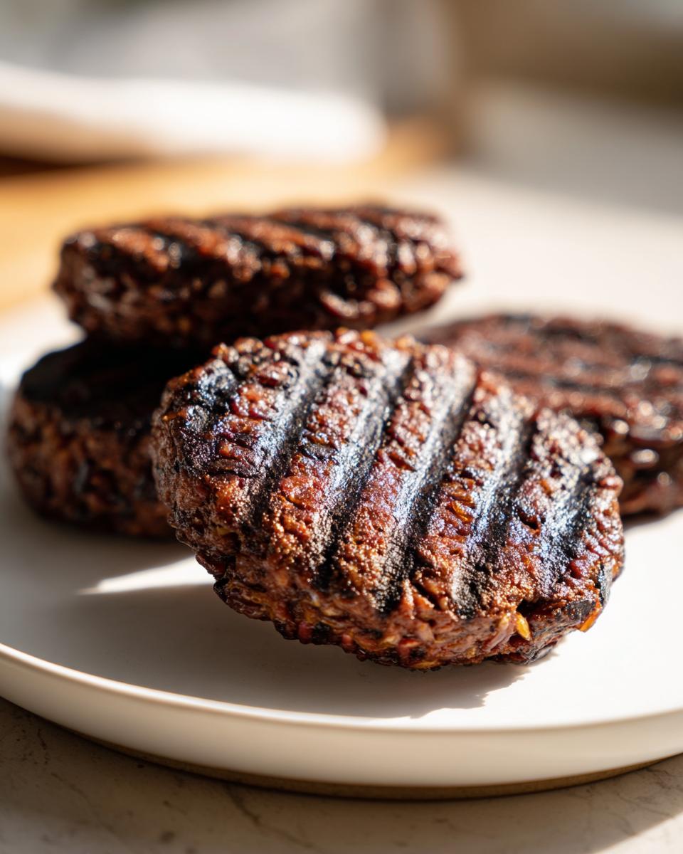 Close-up of several sturdy, grilled black bean burger patties showing distinct char marks resting on a white plate.
