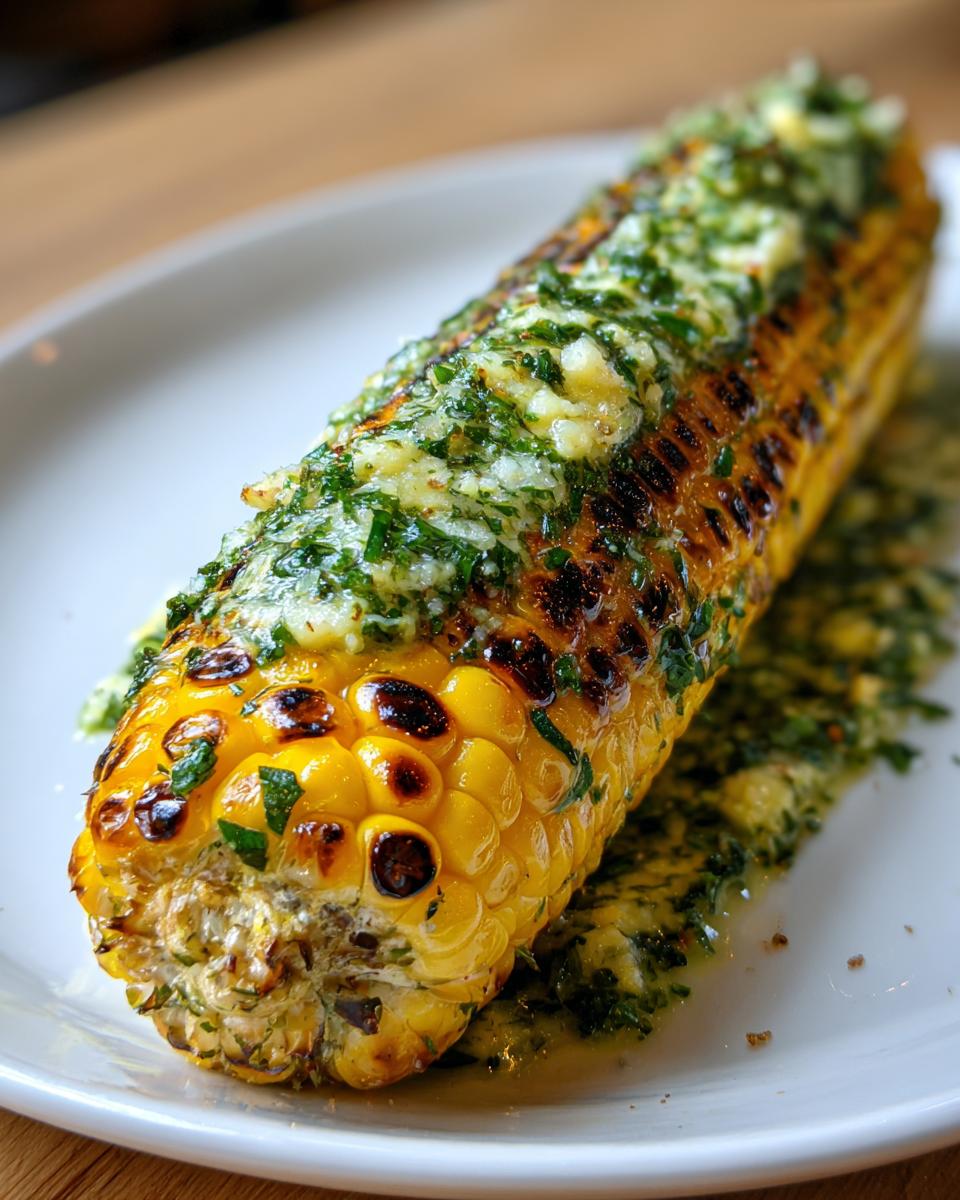 Close-up of perfectly grilled corn on the cob generously topped with melted herb butter.