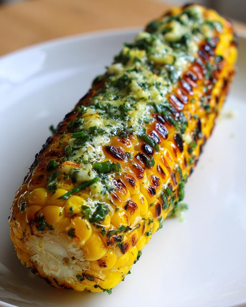 Close-up of a perfectly grilled corn on the cob topped generously with melted herb butter.