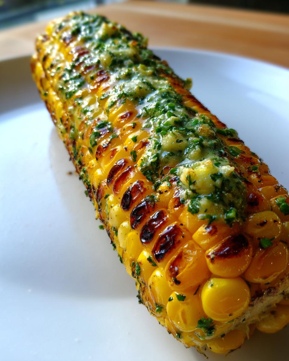 Close-up of perfectly grilled corn on the cob slathered in melted herb butter.