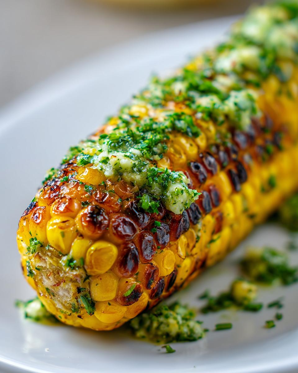 Close-up of perfectly grilled corn on the cob generously topped with melted herb butter.