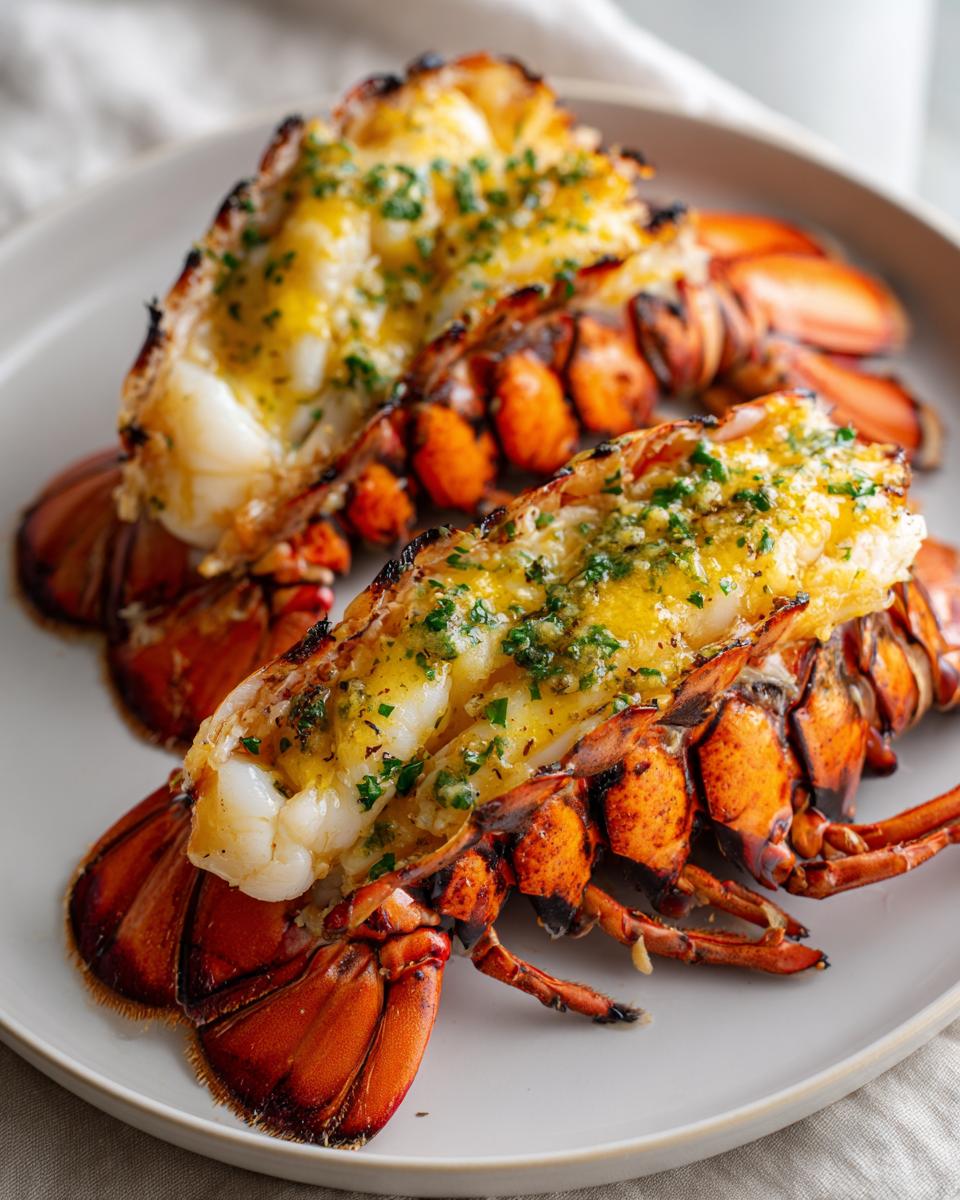 Two halves of a perfectly cooked grilled lobster tail, split and topped with melted garlic butter and fresh parsley.