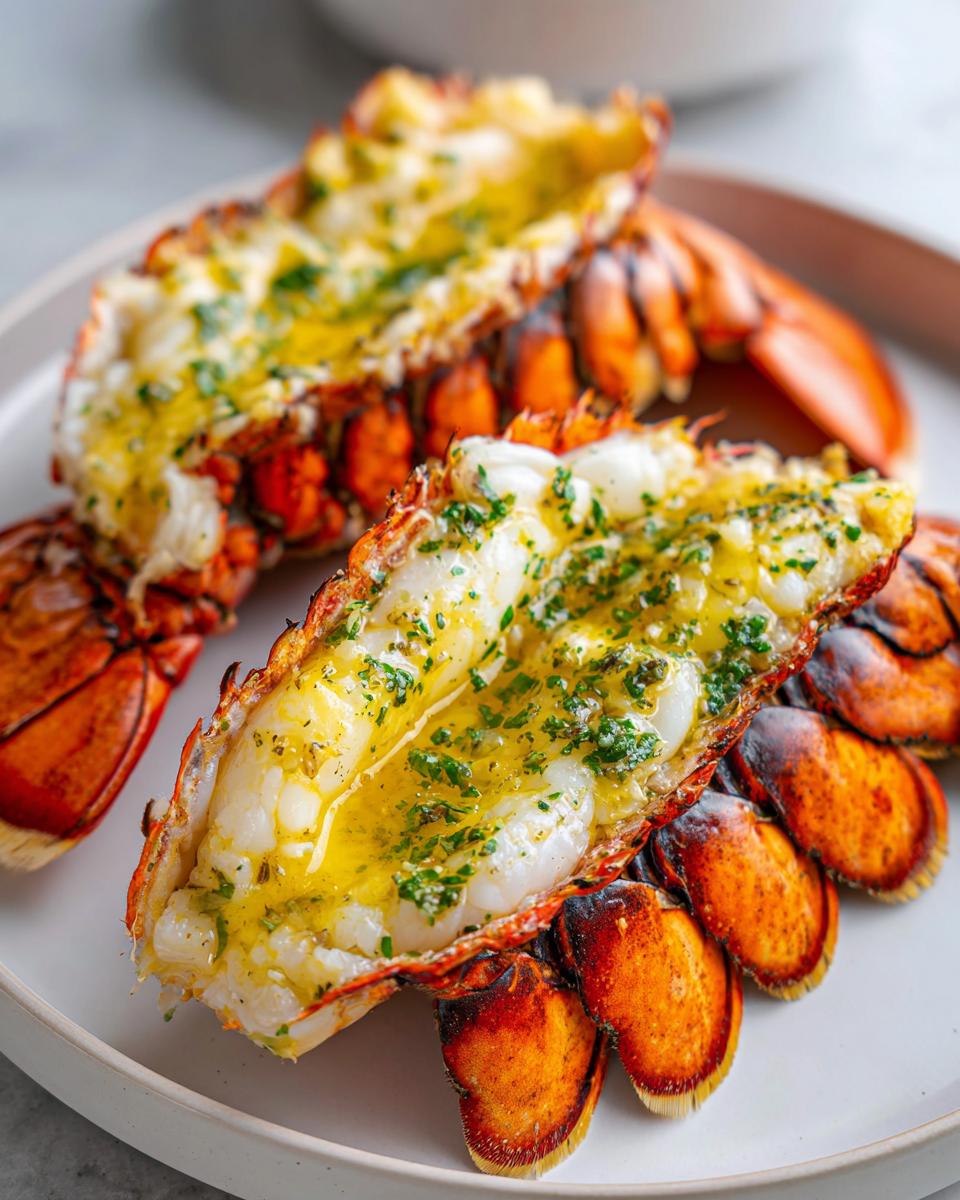 Two perfectly cooked grilled lobster tail halves, split open and topped with melted garlic butter and fresh parsley.