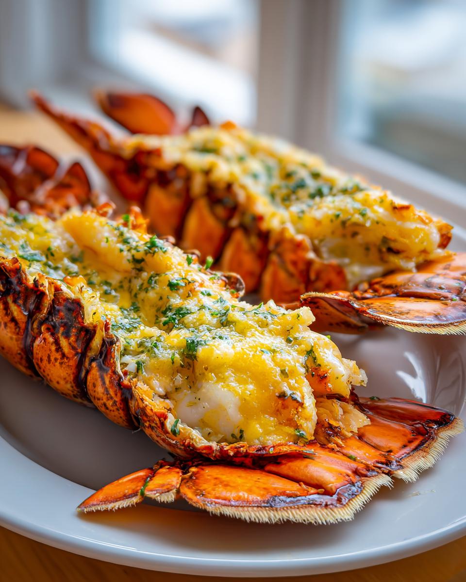 Two succulent grilled lobster tails split open, topped with melted garlic butter and parsley.