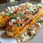 Close-up of two grilled Mexican street corn (elote) cobs slathered in sauce, cotija cheese, and chili powder.