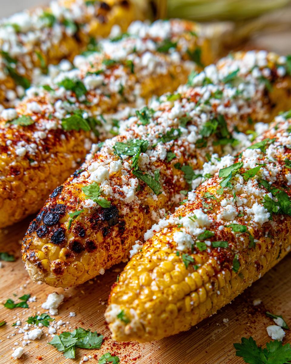 Close-up of grilled Mexican street corn (elote) covered in cotija cheese, chili powder, and cilantro.