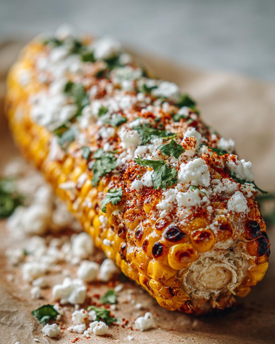 Close-up of a perfectly grilled Mexican street corn (elote) topped with crumbled white cheese, chili powder, and cilantro.