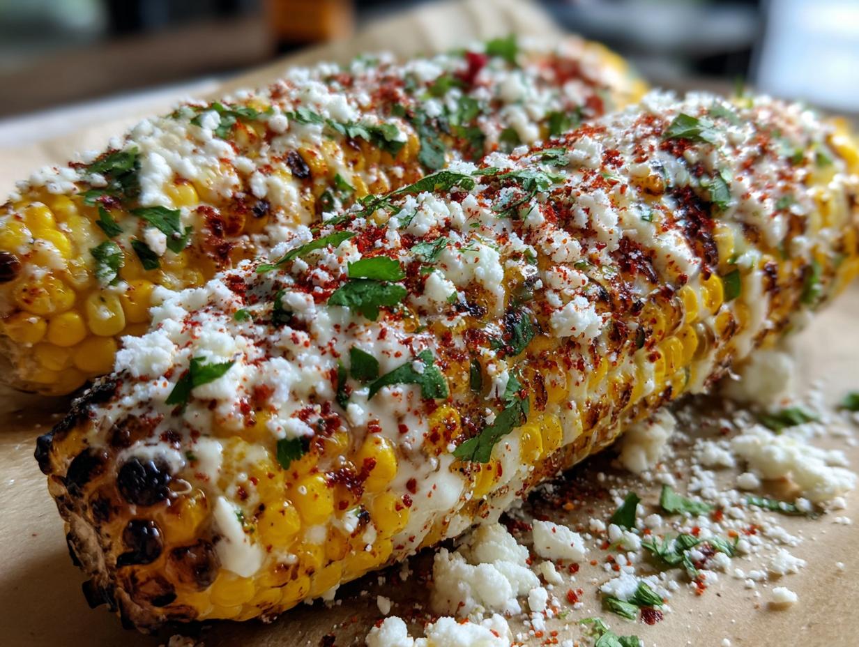 Close-up of two grilled Mexican street corn (elote) cobs generously topped with cotija cheese, chili powder, and cilantro.