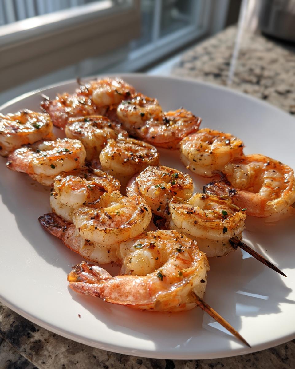 Close-up of beautifully seasoned and grilled shrimp skewer pieces arranged on a white plate.