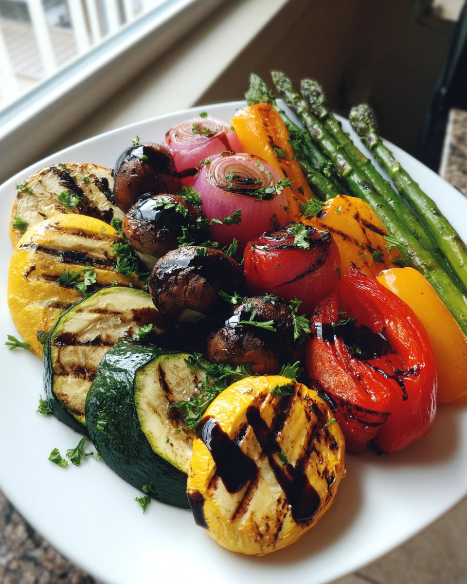 A vibrant grilled vegetable platter featuring zucchini, yellow squash, mushrooms, onions, peppers, and asparagus drizzled with balsamic glaze.