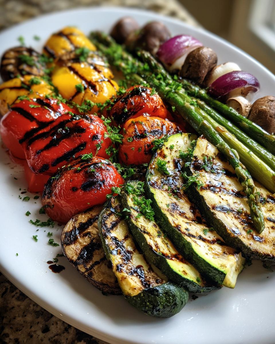 A vibrant grilled vegetable platter featuring zucchini, peppers, asparagus, onions, and mushrooms drizzled with balsamic glaze.