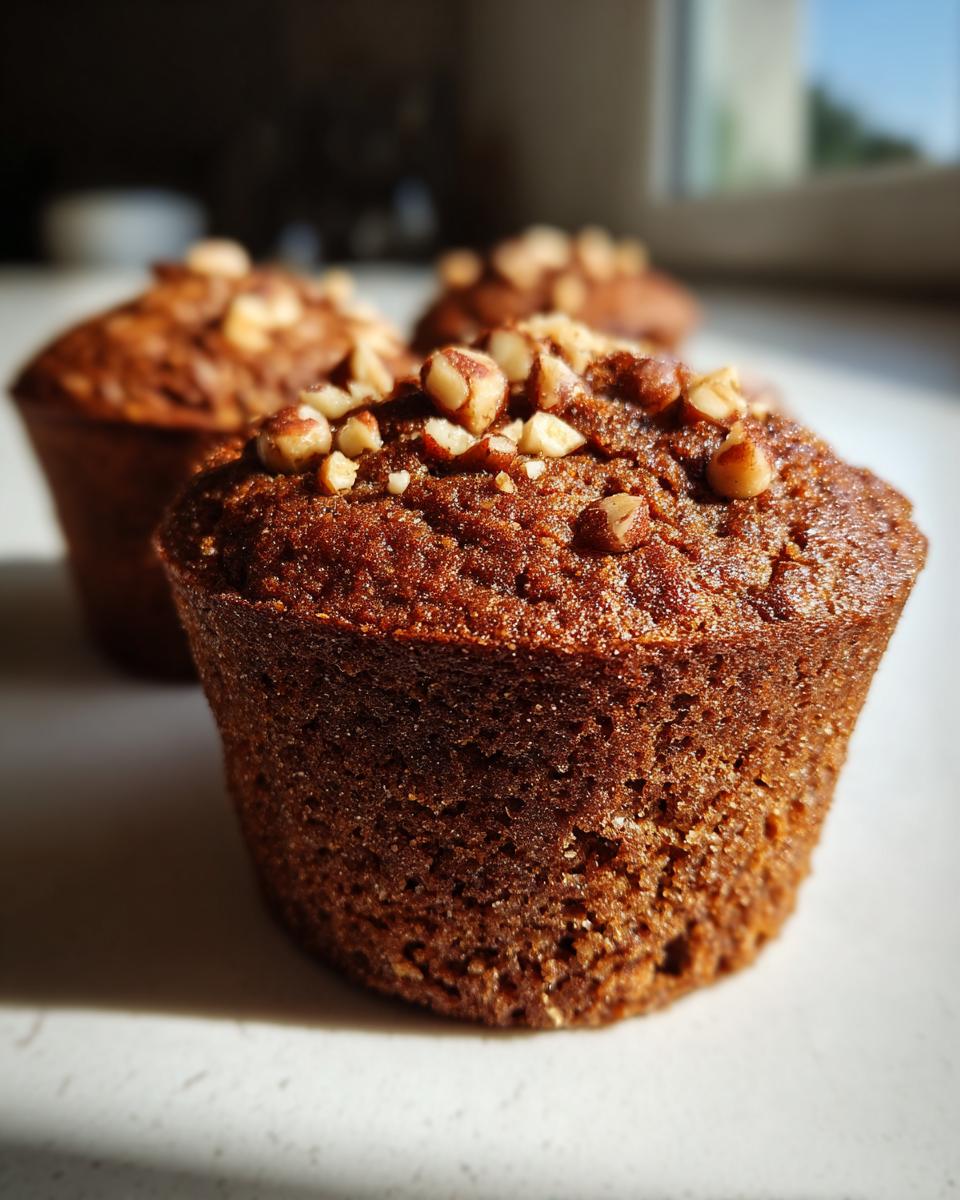 A close-up, richly textured Hazelnut espresso muffin topped with chopped hazelnuts, with more muffins blurred in the background.