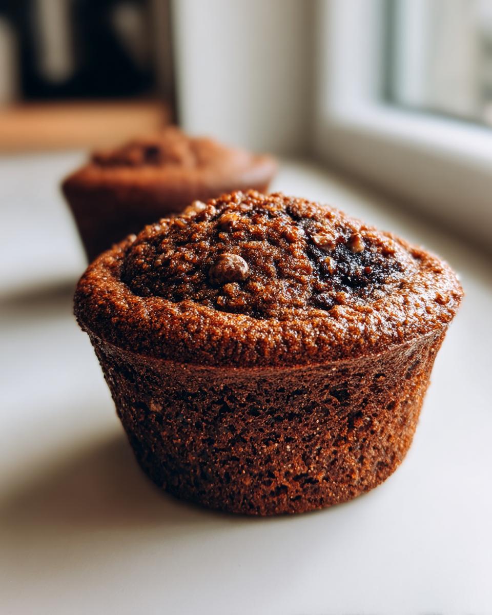 Close-up of a freshly baked, dark brown Hazelnut espresso muffin with a textured, slightly crunchy top.