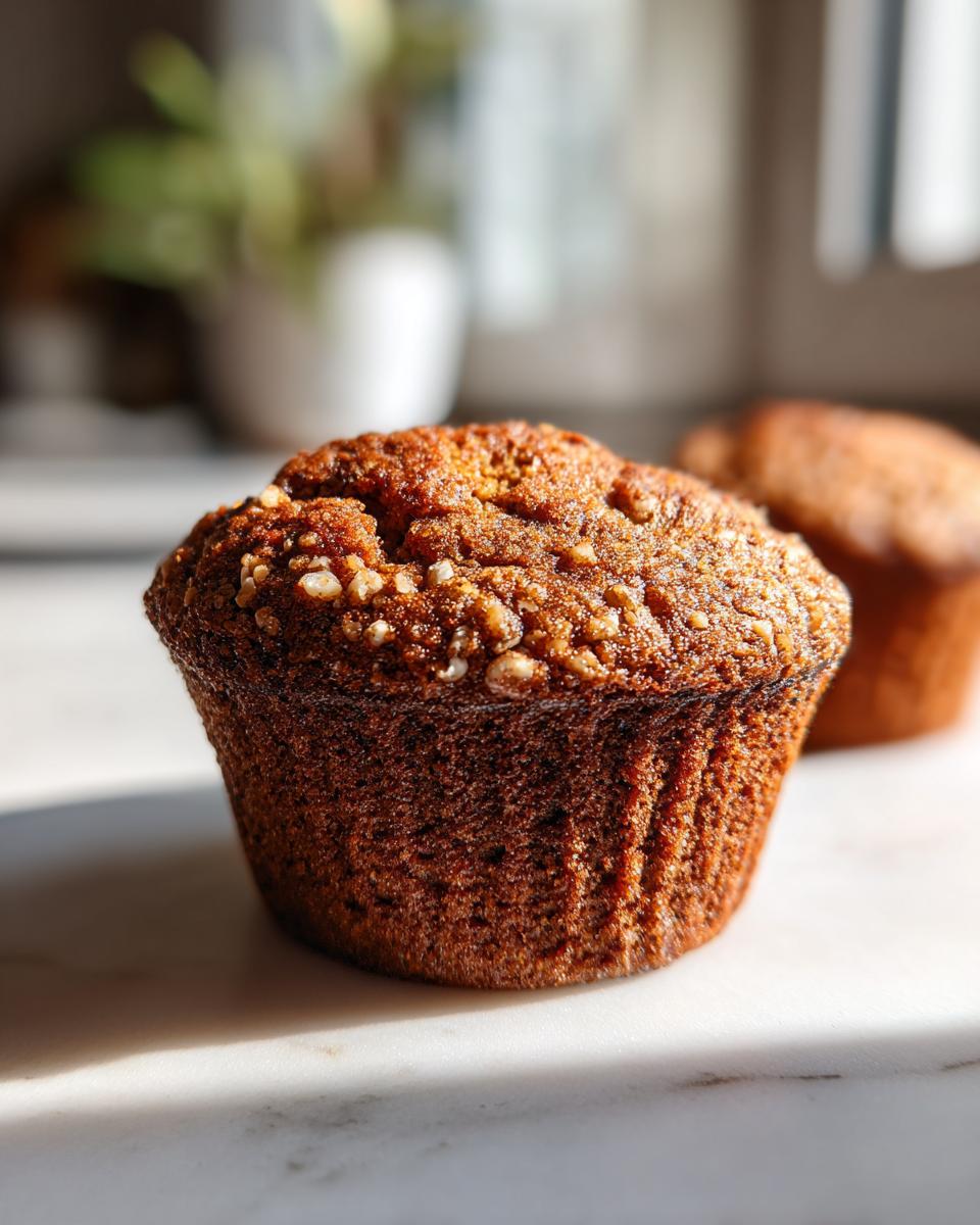 Close-up of a rich, dark brown Hazelnut espresso muffin with a crunchy nut topping, sitting on a bright marble surface.