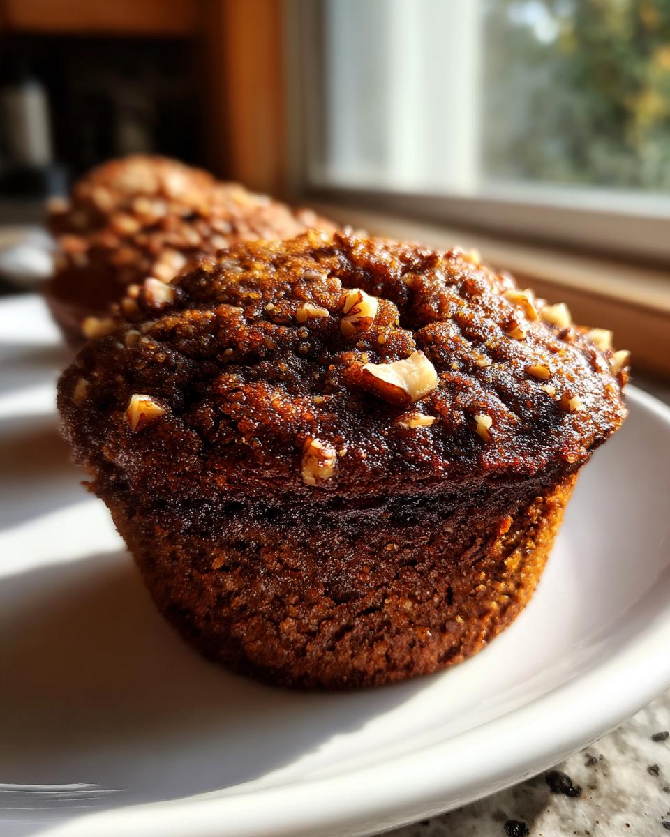 A close-up, richly browned Hazelnut espresso muffin topped with chopped nuts, sitting on a white plate indoors.