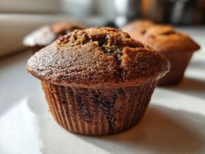 A close-up, low-angle shot of a freshly baked Hazelnut espresso muffin with a dark, moist top lightly dusted with sugar.