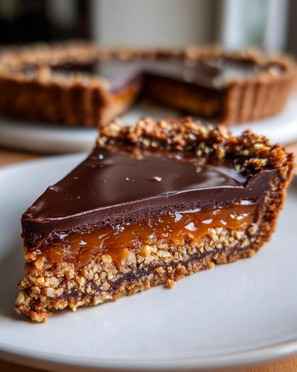 Close-up of a decadent slice of Hazelnut praline tart showing layers of crust, caramel, and dark chocolate ganache.