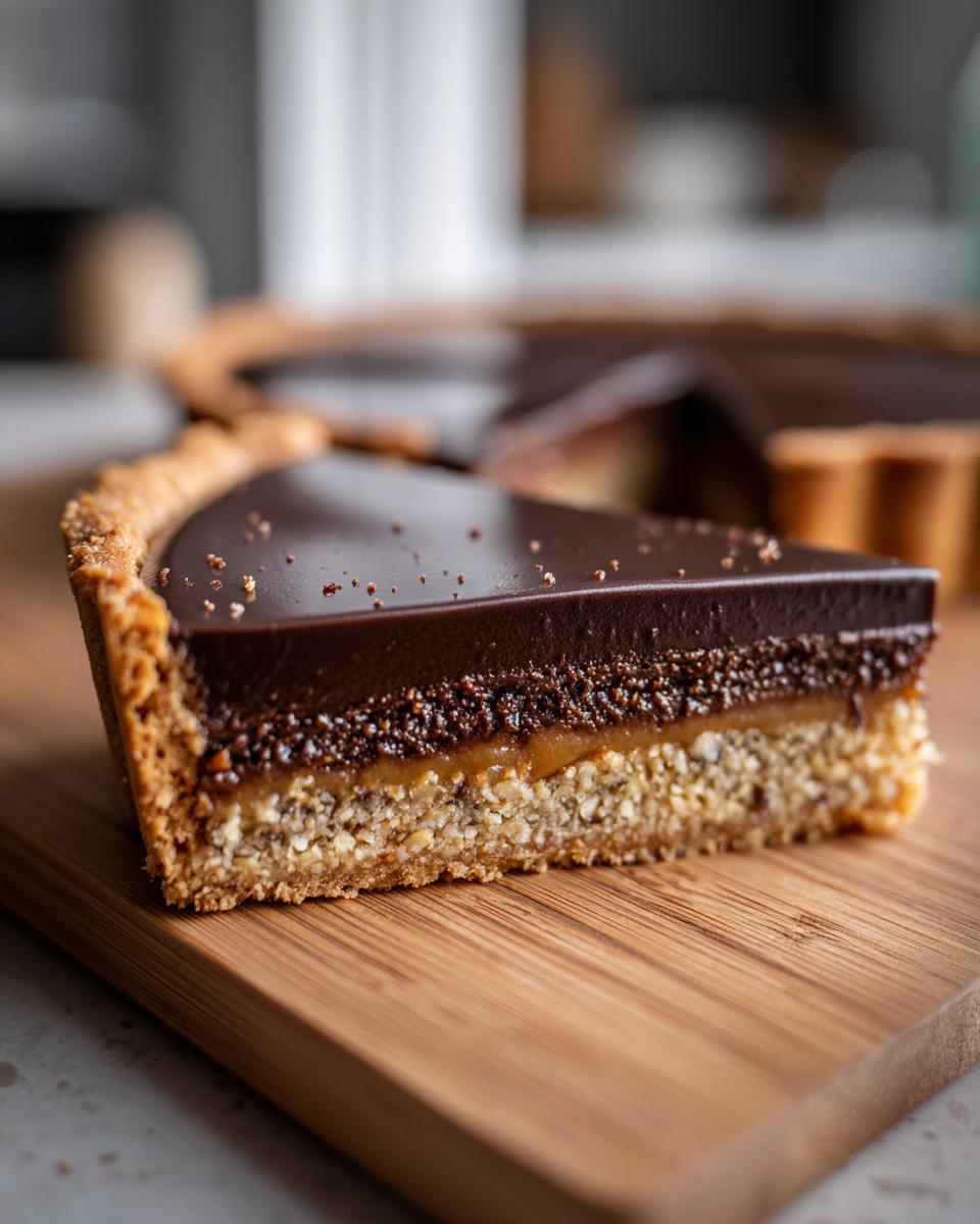A close-up slice of Hazelnut praline tart showing layers of crust, caramel, praline, and glossy chocolate ganache.