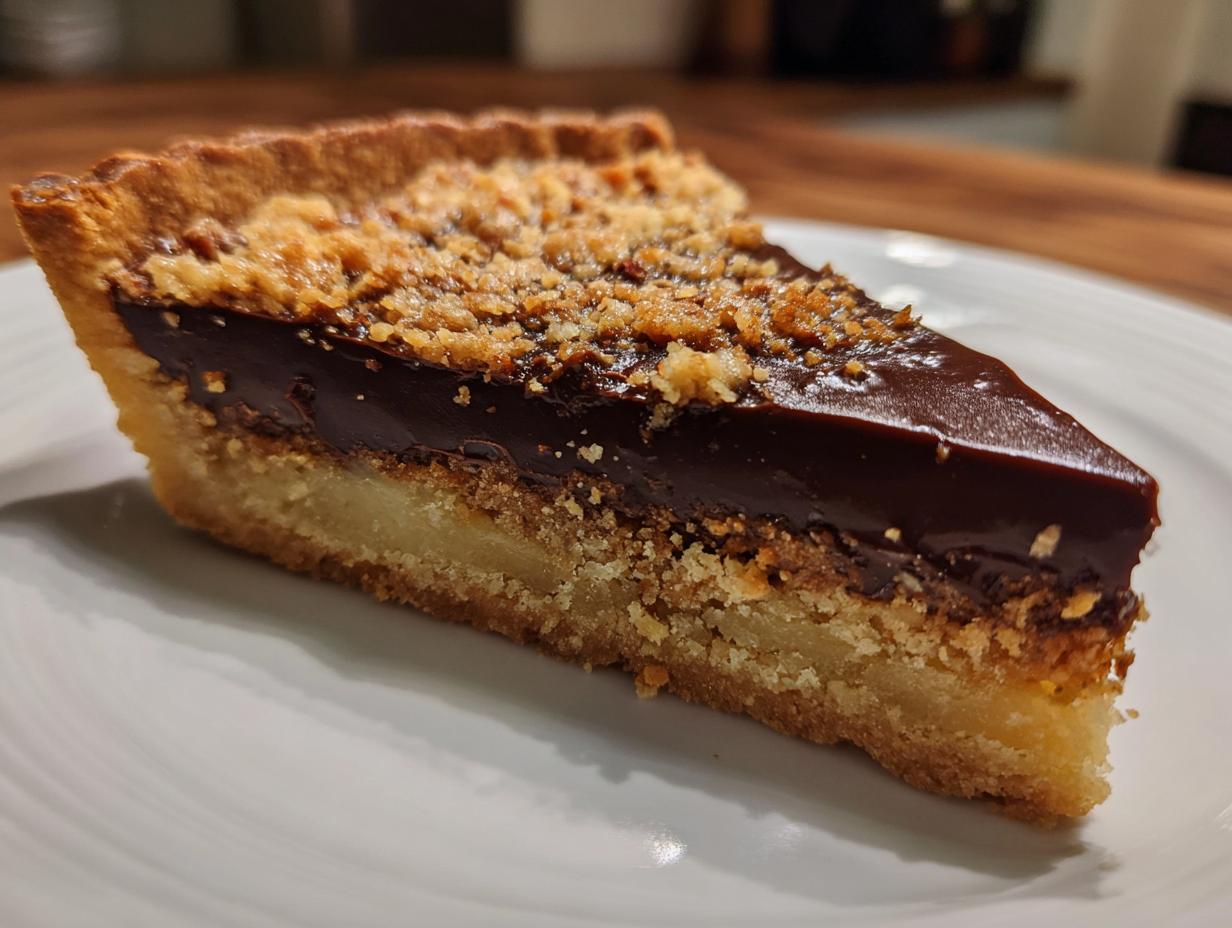 A close-up slice of Hazelnut praline tart featuring a shortbread crust, creamy filling, dark chocolate ganache, and crunchy praline topping.