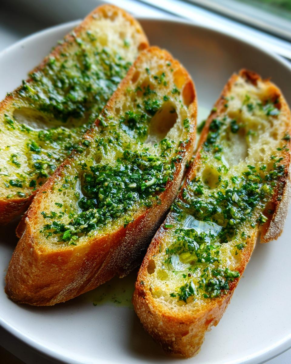 Three slices of toasted baguette generously topped with glistening green herb butter, ready to eat.