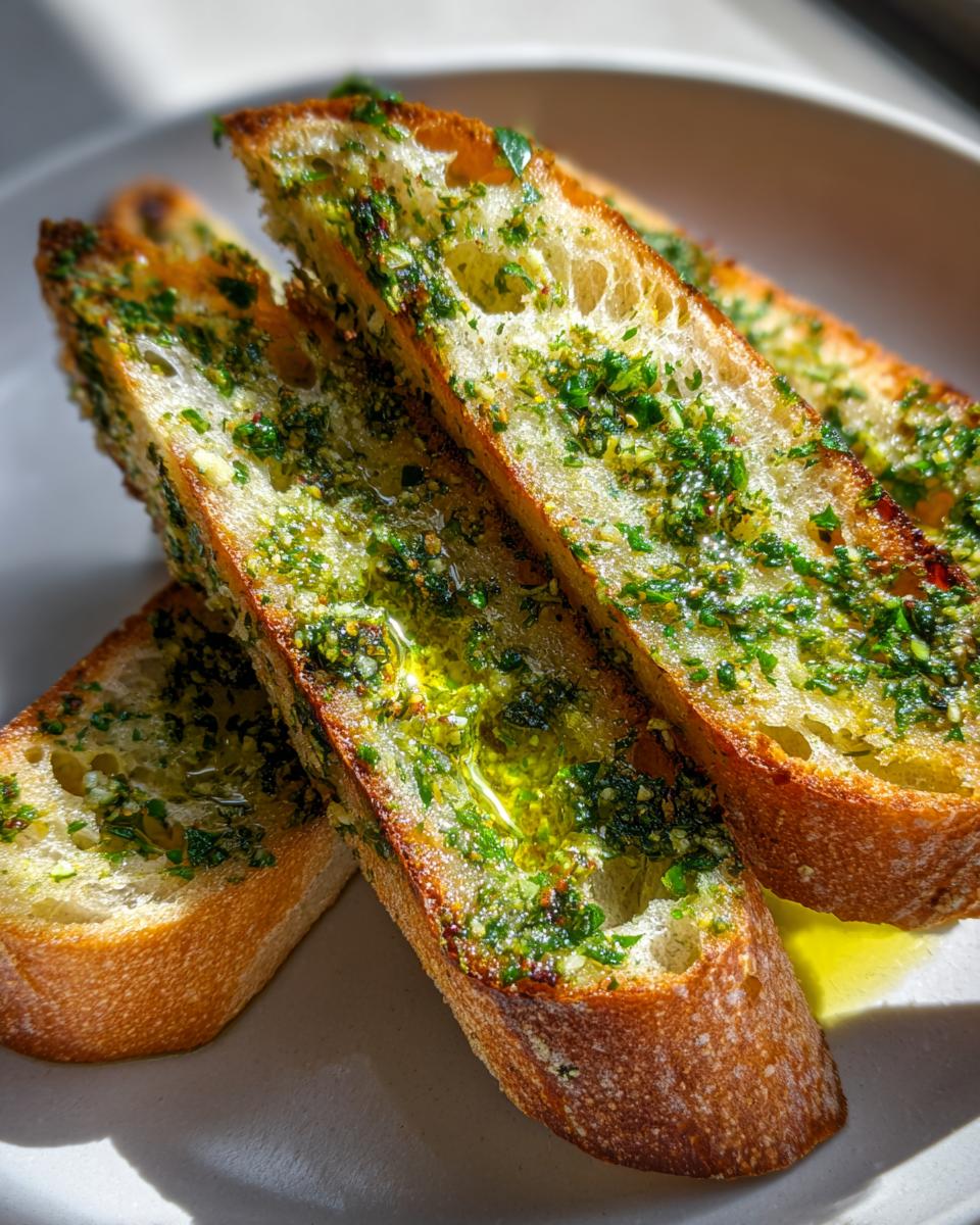 Three slices of toasted baguette generously topped with vibrant green herb butter, glistening with oil, making a perfect herb butter baguette.