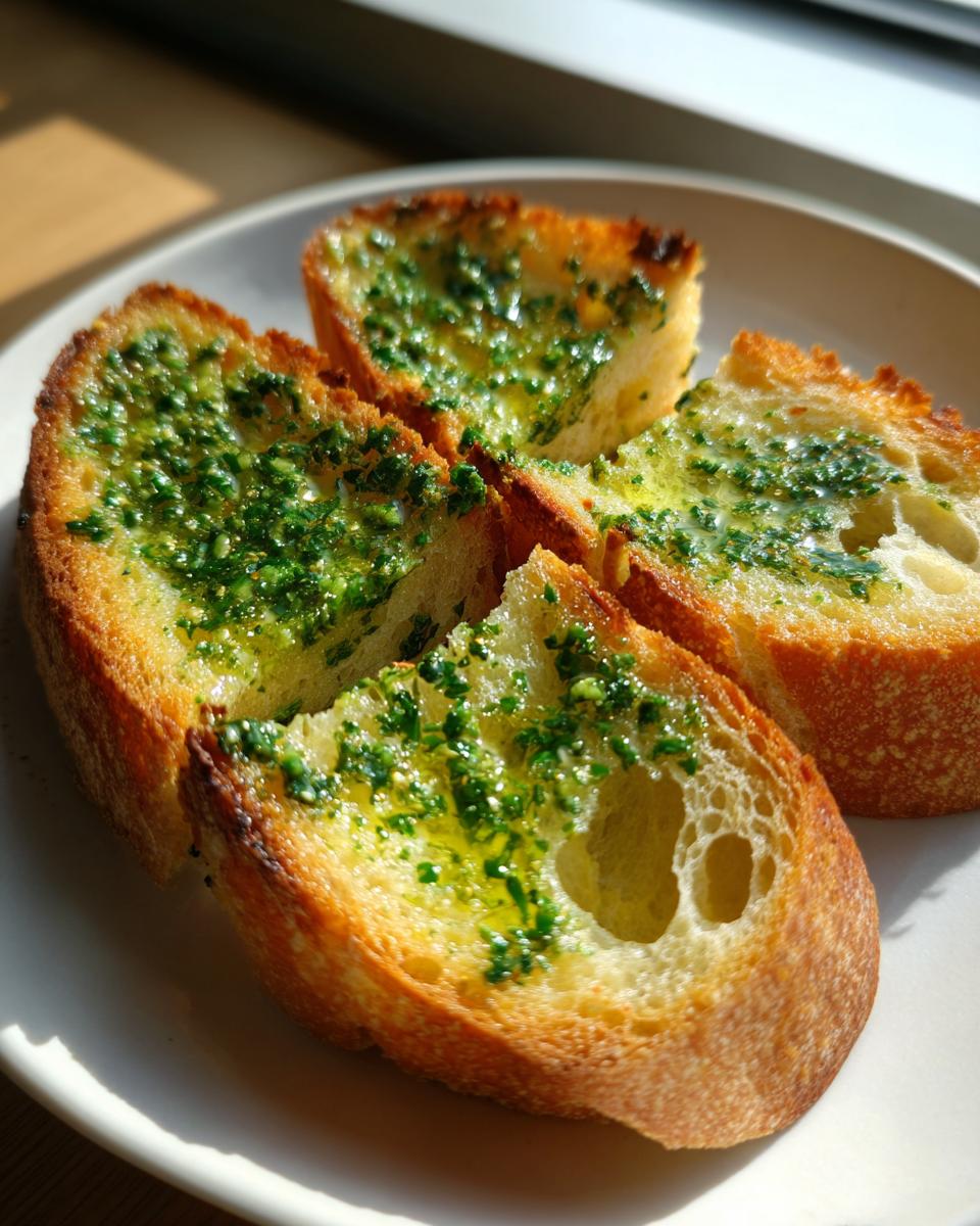 Close-up of four toasted slices of baguette generously topped with glistening green herb butter, served on a white plate.