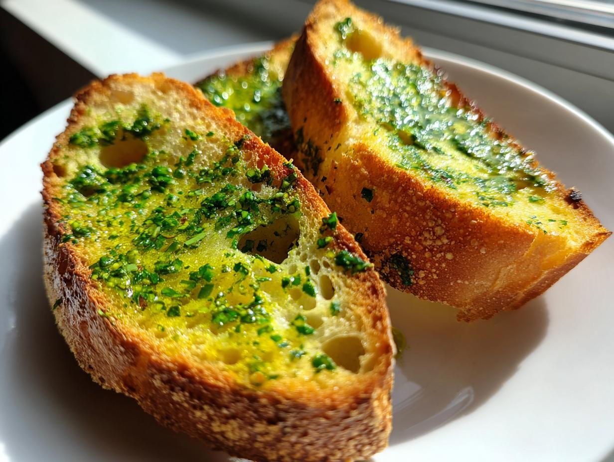 Three golden-brown slices of toasted baguette generously topped with bright green herb butter, served on a white plate.