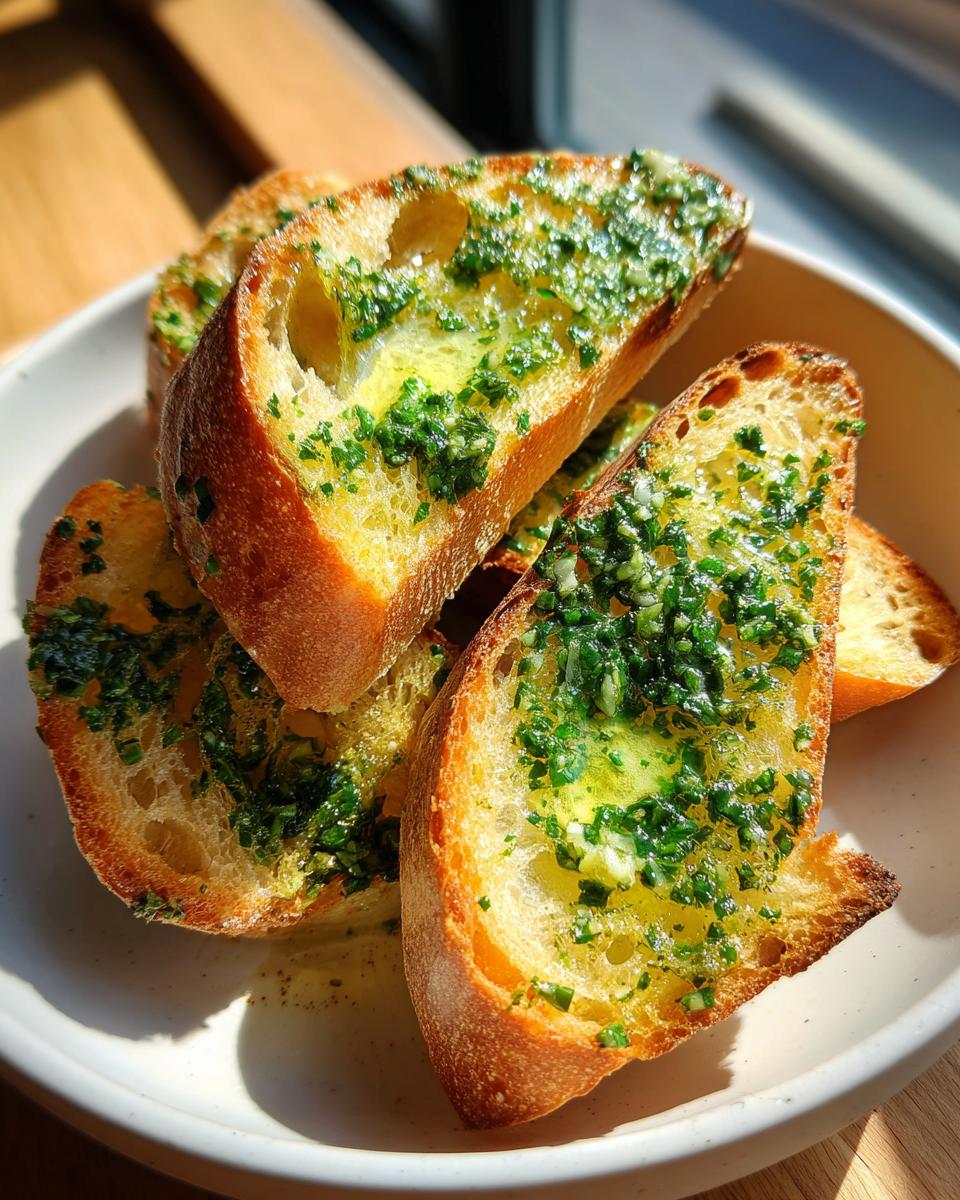 Close-up of toasted baguette slices generously topped with bright green herb butter, ready to eat.