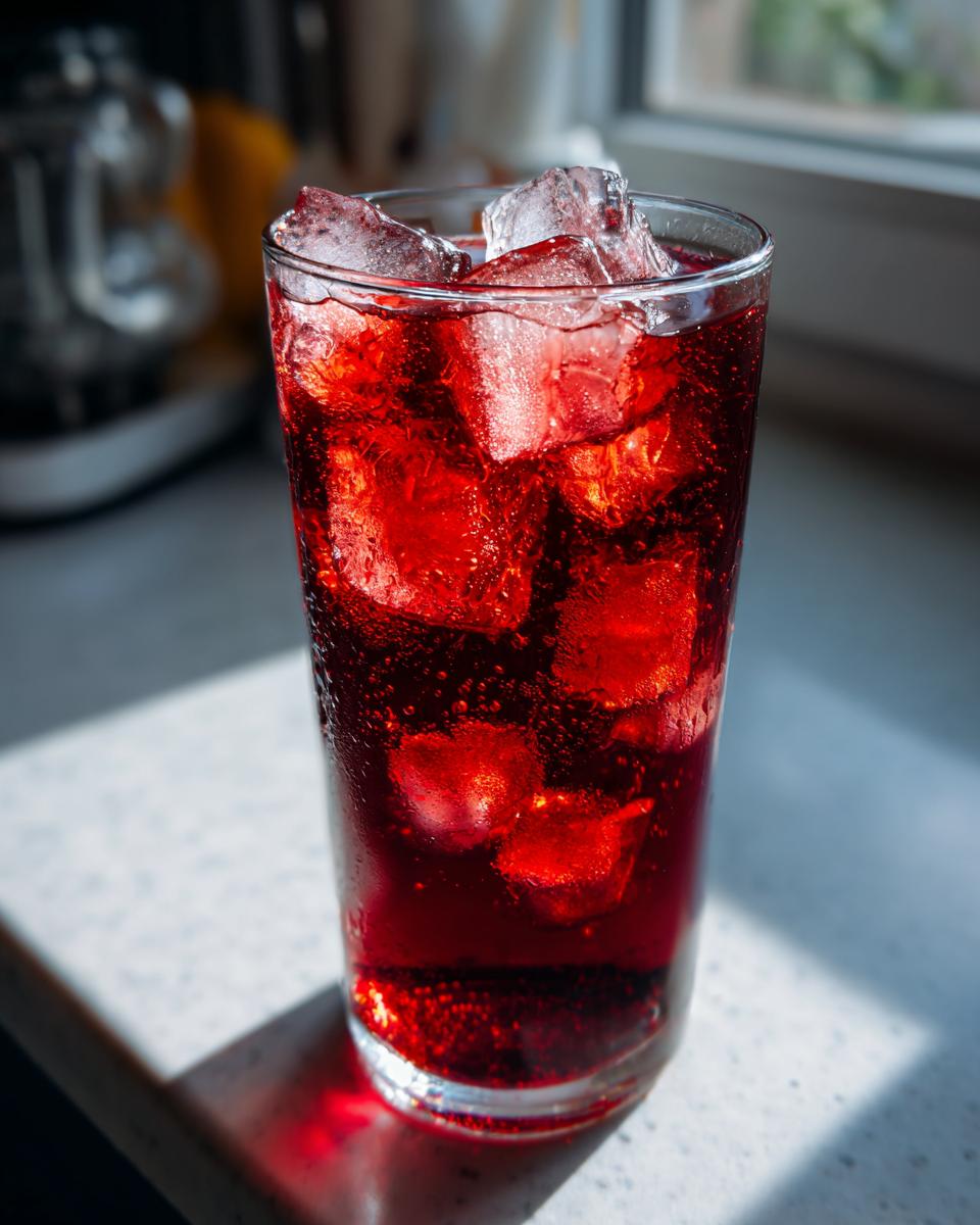 Close-up of a tall glass filled with deep red Hibiscus iced tea and large ice cubes, condensation visible.