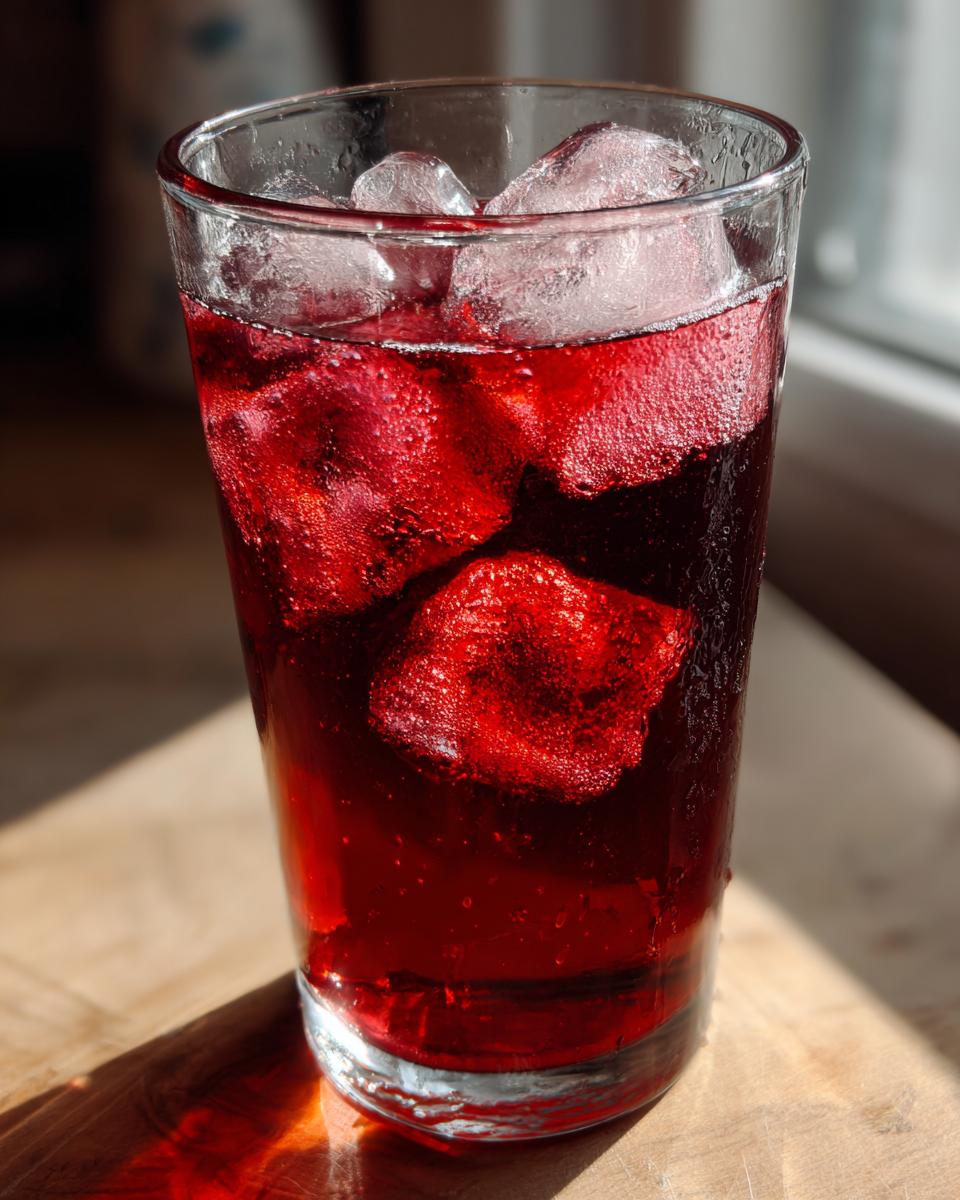 A tall glass filled with deep red hibiscus iced tea and large ice cubes, catching bright sunlight.