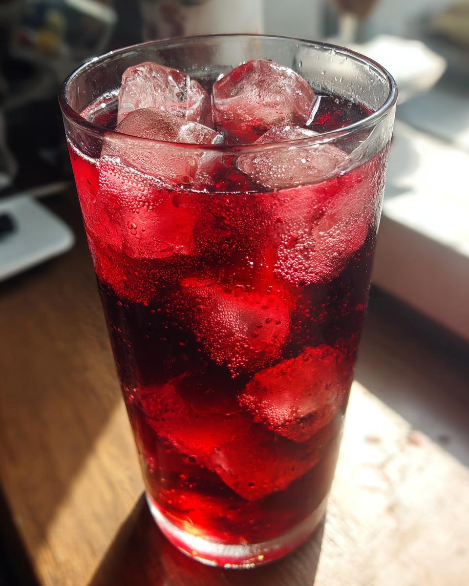 Close-up of a tall glass filled with vibrant red Hibiscus iced tea and large ice cubes, glistening in the sunlight.
