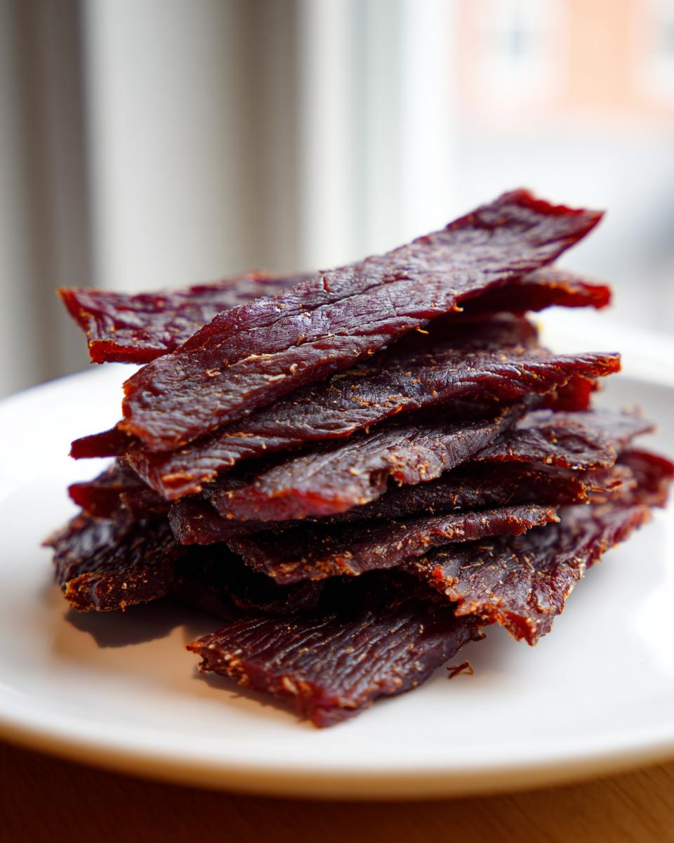 Close-up of a stack of dark, richly seasoned strips of homemade beef jerky resting on a white plate.