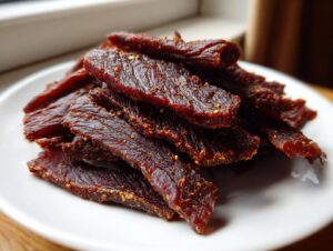 A close-up pile of dark, seasoned strips of homemade beef jerky resting on a white plate.