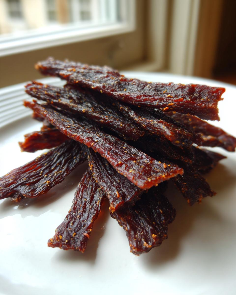 Close-up of a stack of dark, seasoned strips of homemade beef jerky on a white plate.