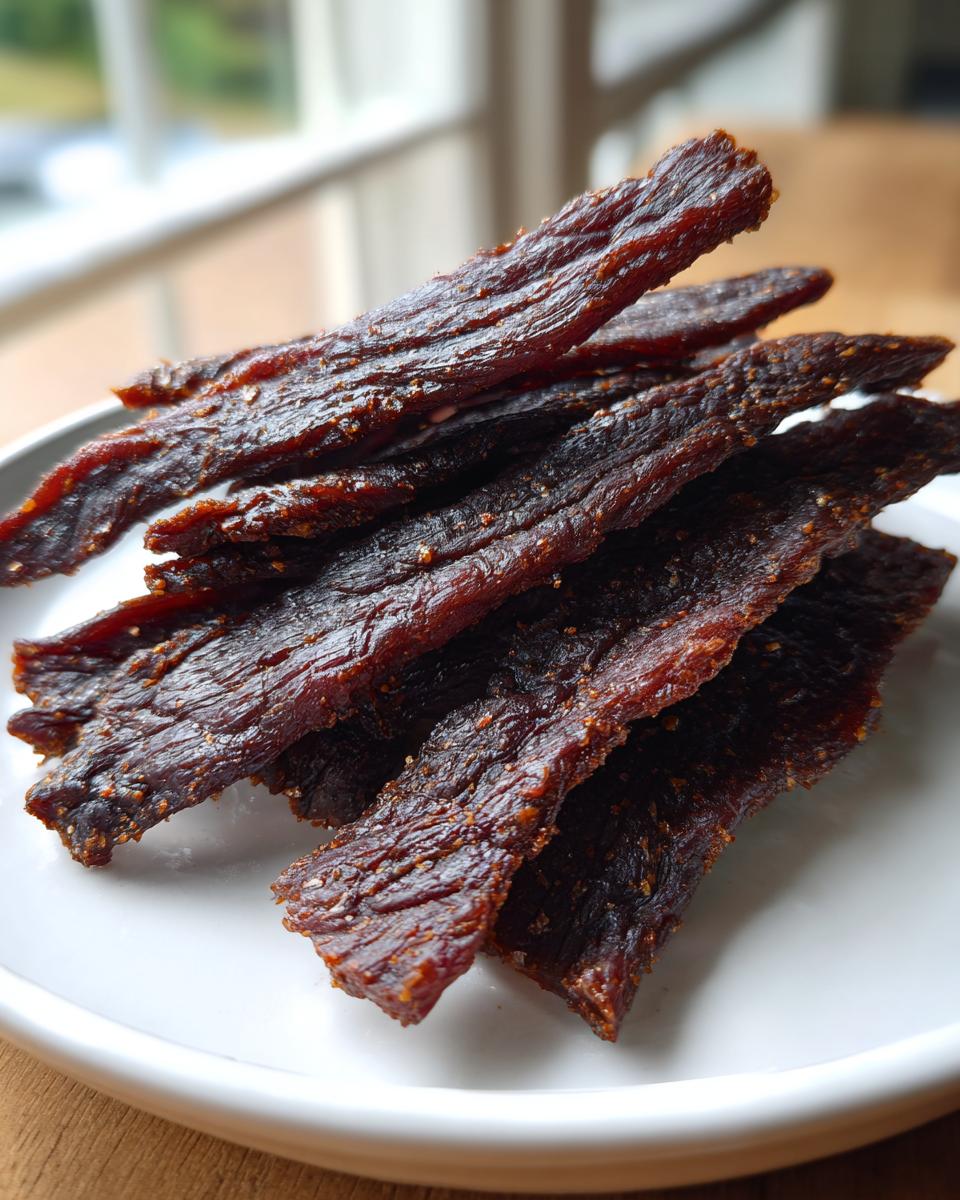 A stack of dark, seasoned strips of homemade beef jerky resting on a white plate.